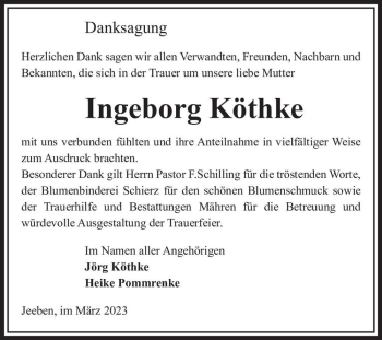 Traueranzeige von Ingeborg Köthke  von Magdeburger Volksstimme