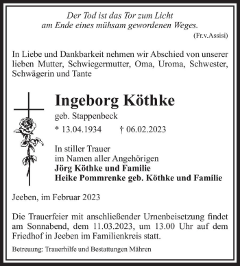 Traueranzeige von Ingeborg Köthke (geb. Stappenbeck)  von Magdeburger Volksstimme