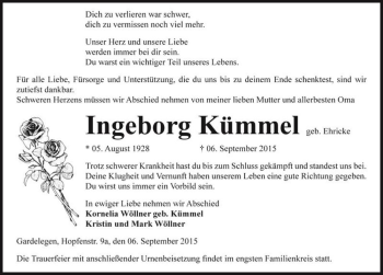 Traueranzeige von Ingeborg Kümmel (geb. Ehricke)  von Magdeburger Volksstimme