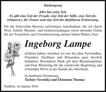 Traueranzeige von Ingeborg Lampe  von Magdeburger Volksstimme