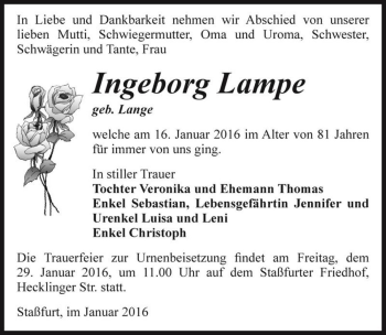 Traueranzeige von Ingeborg Lampe (geb. Lange)  von Magdeburger Volksstimme