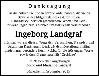 Traueranzeige von Ingeborg Landgraf  von Magdeburger Volksstimme