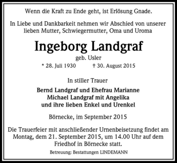 Traueranzeige von Ingeborg Landgraf (geb. Usler)  von Magdeburger Volksstimme