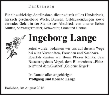 Traueranzeige von Ingeborg Lange  von Magdeburger Volksstimme
