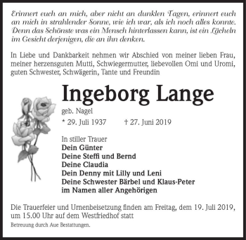 Traueranzeige von Ingeborg Lange (geb. Nagel)  von Magdeburger Volksstimme