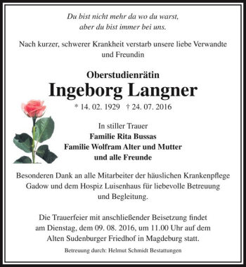 Traueranzeige von Ingeborg Langner  von Magdeburger Volksstimme