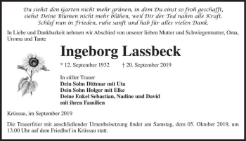 Traueranzeige von Ingeborg Lassbeck  von Magdeburger Volksstimme