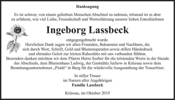 Traueranzeige von Ingeborg Lassbeck  von Magdeburger Volksstimme