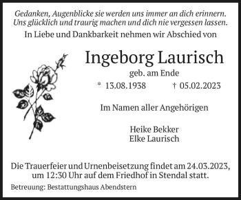 Traueranzeige von Ingeborg Laurisch (geb. am Ende)  von Magdeburger Volksstimme