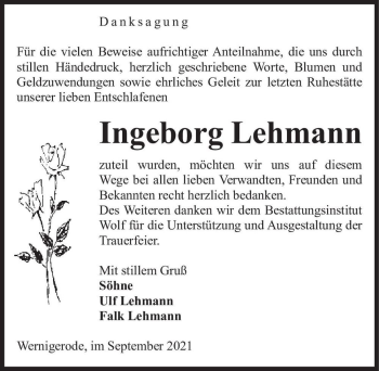 Traueranzeige von Ingeborg Lehmann  von Magdeburger Volksstimme