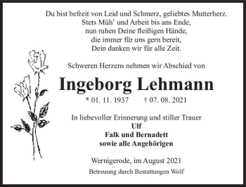 Traueranzeige von Ingeborg Lehmann  von Magdeburger Volksstimme