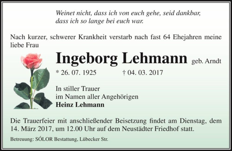  Traueranzeige für Ingeborg Lehmann (geb. Arndt)  vom 11.03.2017 aus Magdeburger Volksstimme