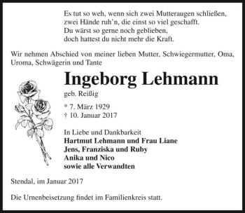 Traueranzeige von Ingeborg Lehmann (geb. Reißig)  von Magdeburger Volksstimme