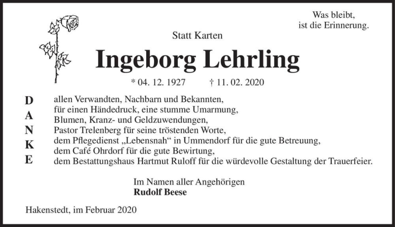  Traueranzeige für Ingeborg Lehrling  vom 03.03.2020 aus Magdeburger Volksstimme