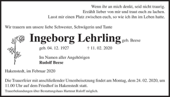 Traueranzeige von Ingeborg Lehrling (geb. Beese)  von Magdeburger Volksstimme