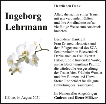Traueranzeige von Ingeborg Lehrmann  von Magdeburger Volksstimme