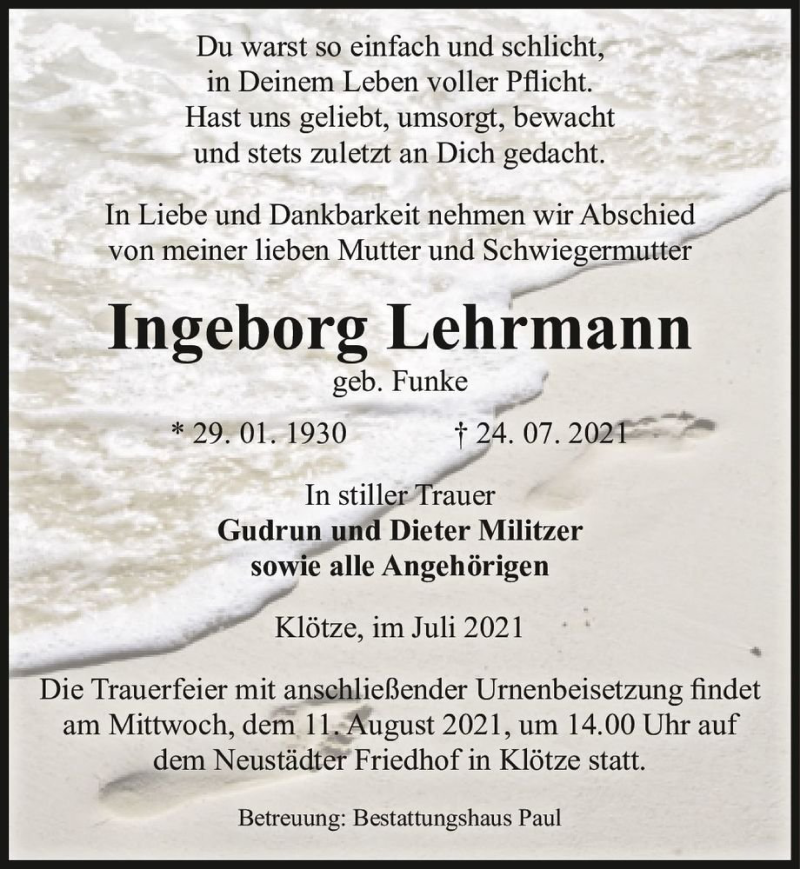  Traueranzeige für Ingeborg Lehrmann (geb. Funke)  vom 04.08.2021 aus Magdeburger Volksstimme