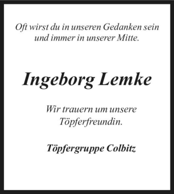 Traueranzeige von Ingeborg Lemke  von Magdeburger Volksstimme