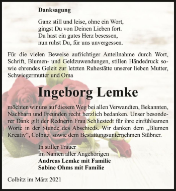 Traueranzeige von Ingeborg Lemke  von Magdeburger Volksstimme
