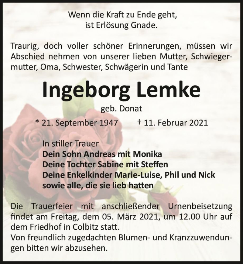  Traueranzeige für Ingeborg Lemke (geb. Donat)  vom 27.02.2021 aus Magdeburger Volksstimme