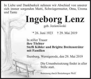 Traueranzeige von Ingeborg Lenz (geb. Jeziorowski)  von Magdeburger Volksstimme