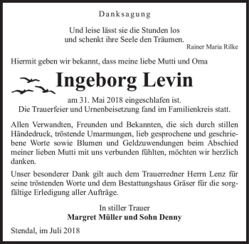 Traueranzeige von Ingeborg Levin  von Magdeburger Volksstimme