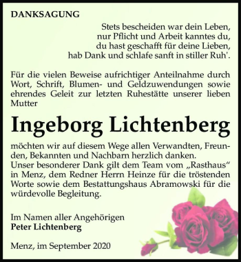 Traueranzeige von Ingeborg Lichtenberg  von Magdeburger Volksstimme