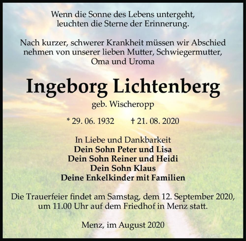  Traueranzeige für Ingeborg Lichtenberg (geb. Wischeropp)  vom 29.08.2020 aus Magdeburger Volksstimme