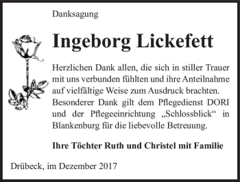 Traueranzeige von Ingeborg Lickefett  von Magdeburger Volksstimme