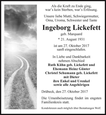 Traueranzeige von Ingeborg Lickefett (geb. Marquard)  von Magdeburger Volksstimme