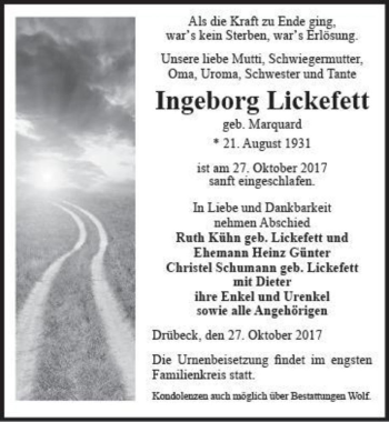 Traueranzeige von Ingeborg Lickefett (geb. Marquard)  von Magdeburger Volksstimme