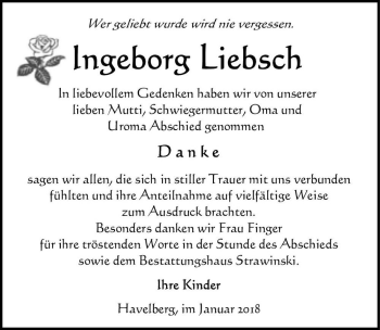 Traueranzeige von Ingeborg Liebsch  von Magdeburger Volksstimme