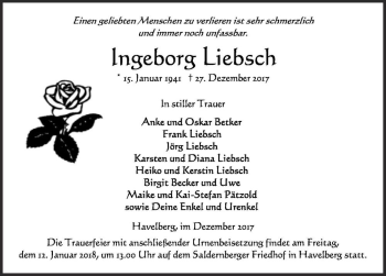 Traueranzeige von Ingeborg Liebsch  von Magdeburger Volksstimme