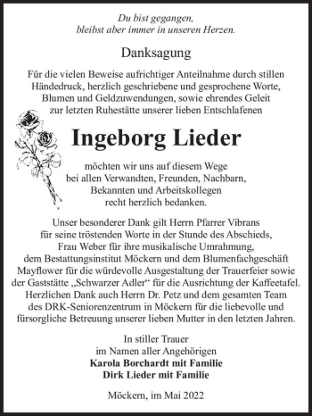 Traueranzeige von Ingeborg Lieder  von Magdeburger Volksstimme