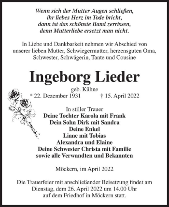Traueranzeige von Ingeborg Lieder (geb. Kühne)  von Magdeburger Volksstimme