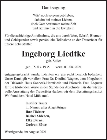 Traueranzeige von Ingeborg Liedtke (geb. Seiler)  von Magdeburger Volksstimme