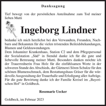 Traueranzeige von Ingeborg Lindner  von Magdeburger Volksstimme