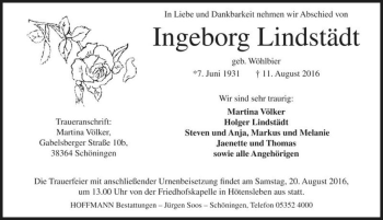 Traueranzeige von Ingeborg Lindstädt (geb. Wöhlbier)  von Magdeburger Volksstimme