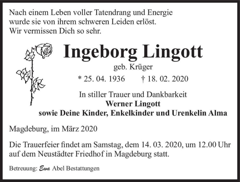  Traueranzeige für Ingeborg Lingott (geb. Krüger)  vom 07.03.2020 aus Magdeburger Volksstimme