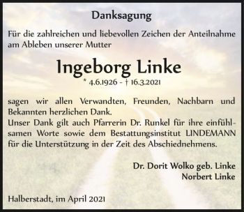 Traueranzeige von Ingeborg Linke  von Magdeburger Volksstimme