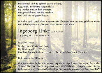 Traueranzeige von Ingeborg Linke (geb. Hansen)  von Magdeburger Volksstimme