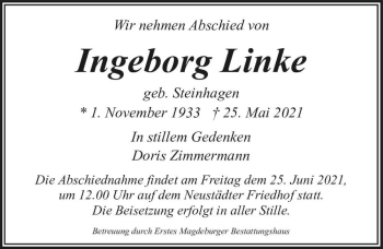 Traueranzeige von Ingeborg Linke (geb. Steinhagen)  von Magdeburger Volksstimme