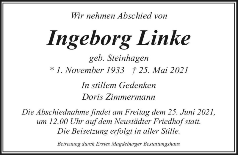  Traueranzeige für Ingeborg Linke (geb. Steinhagen)  vom 12.06.2021 aus Magdeburger Volksstimme