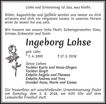 Traueranzeige von Ingeborg Lohse (geb. Lühr)  von Magdeburger Volksstimme
