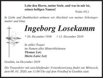 Traueranzeige von Ingeborg Losekamm  von Magdeburger Volksstimme