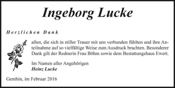 Traueranzeige von Ingeborg Lucke  von Magdeburger Volksstimme