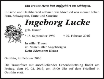 Traueranzeige von Ingeborg Lucke (geb. Lucke)  von Magdeburger Volksstimme