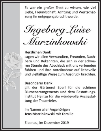 Traueranzeige von Ingeborg Luise Marzinkowski  von Magdeburger Volksstimme