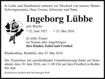 Traueranzeige von Ingeborg Lübbe (geb. Rieche)  von Magdeburger Volksstimme