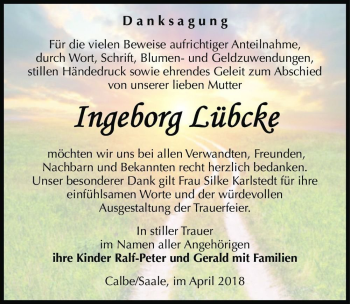 Traueranzeige von Ingeborg Lübcke  von Magdeburger Volksstimme